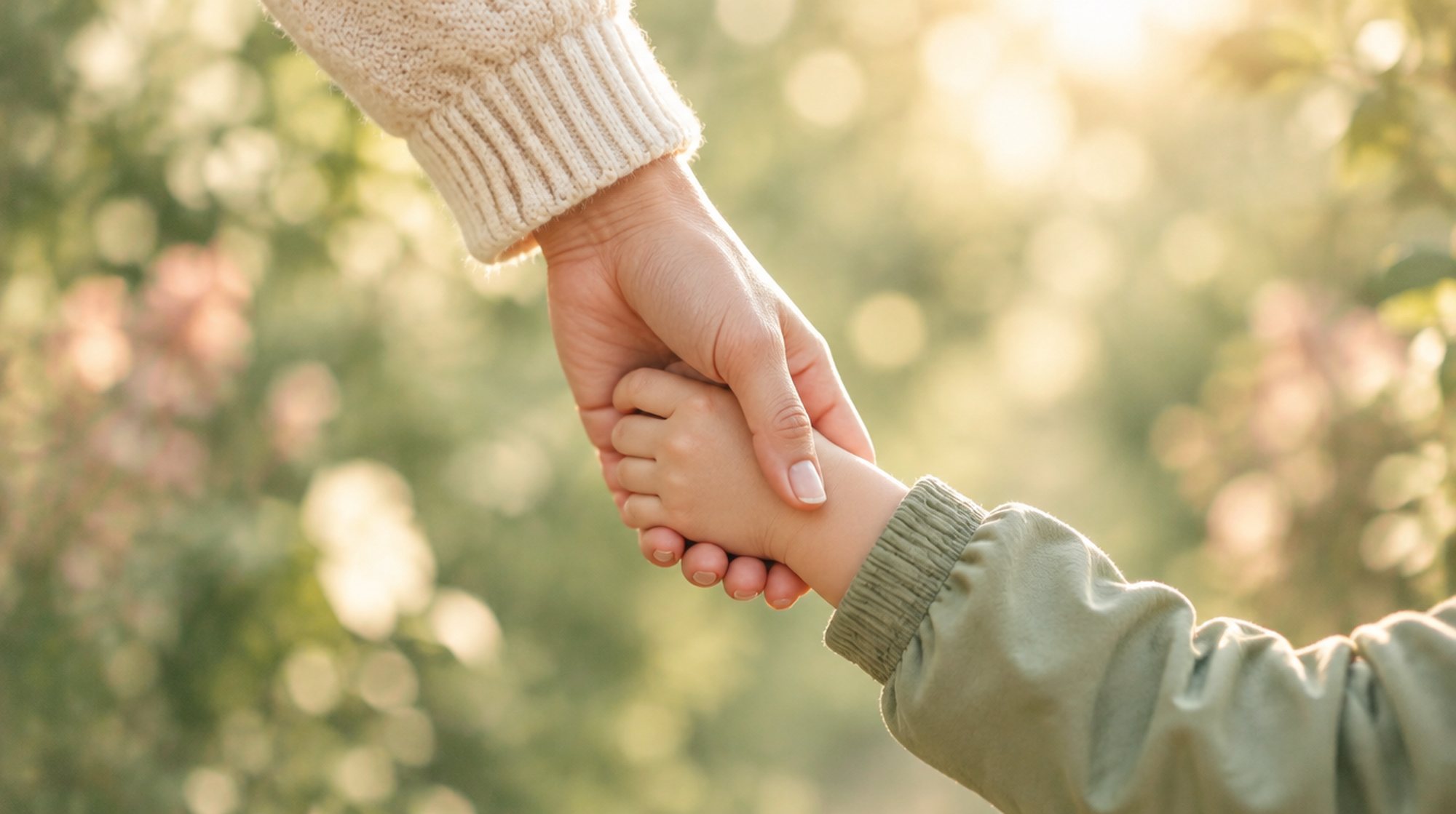 A mother holding her child’s hand in warm sunlight